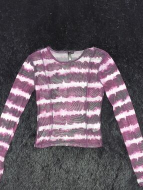 Garage Sheer Mesh Striped Long Sleeve Top in Pink Black & White Women's Size XS